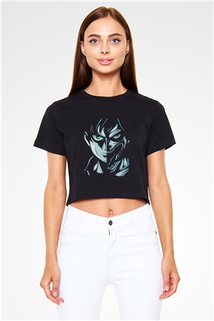 Attack On Titan Baskılı Siyah Crop Top Kadın Tişört - Tshirt