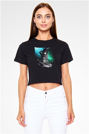 Attack On Titan Baskılı Siyah Crop Top Kadın Tişört - Tshirt
