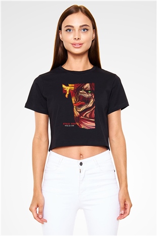 Attack On Titan Baskılı Siyah Crop Top Kadın Tişört - Tshirt
