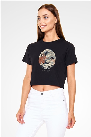 Attack On Titan Baskılı Siyah Crop Top Kadın Tişört - Tshirt