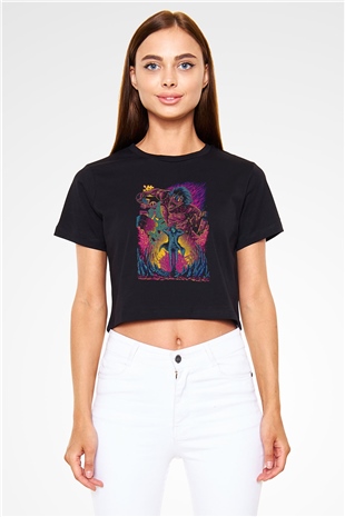 Attack On Titan Baskılı Siyah Crop Top Kadın Tişört - Tshirt