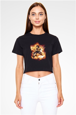 Attack On Titan Baskılı Siyah Crop Top Kadın Tişört - Tshirt
