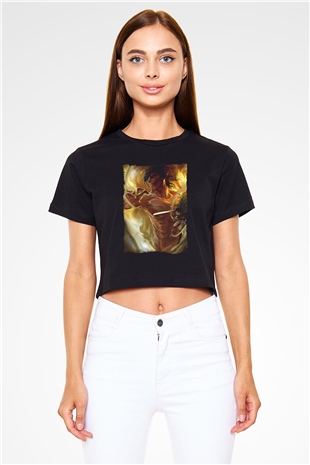 Attack On Titan Baskılı Siyah Crop Top Kadın Tişört - Tshirt