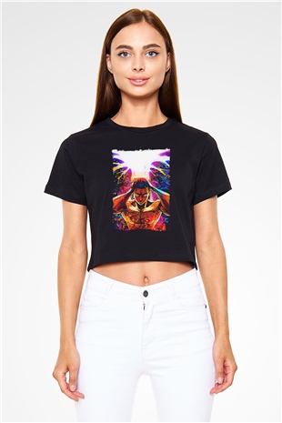 Attack On Titan Baskılı Siyah Crop Top Kadın Tişört - Tshirt