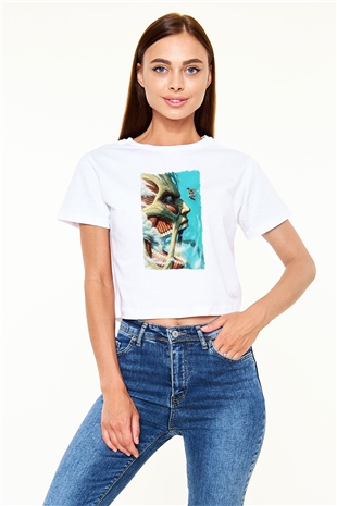 Attack On Titan Baskılı Siyah Crop Top Kadın Tişört - Tshirt