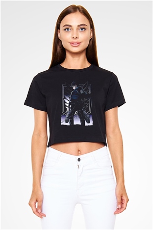 Attack On Titan Baskılı Siyah Crop Top Kadın Tişört - Tshirt