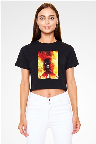 Attack On Titan Baskılı Siyah Crop Top Kadın Tişört - Tshirt