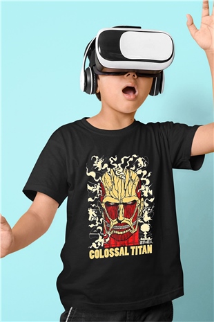 Attack On Titan Baskılı Unisex Siyah Çocuk Tişört - Tshirt