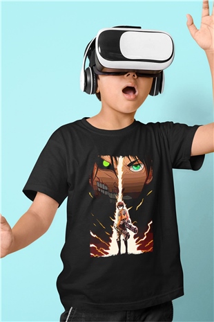 Attack On Titan Baskılı Unisex Siyah Çocuk Tişört - Tshirt