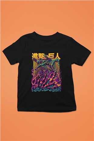 Attack On Titan Baskılı Unisex Siyah Çocuk Tişört - Tshirt