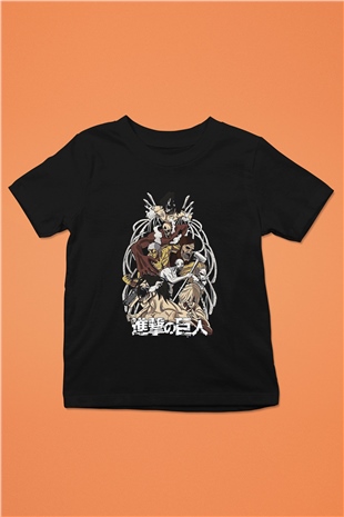Attack On Titan Baskılı Unisex Siyah Çocuk Tişört - Tshirt