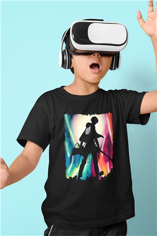 Attack On Titan Baskılı Unisex Siyah Çocuk Tişört - Tshirt