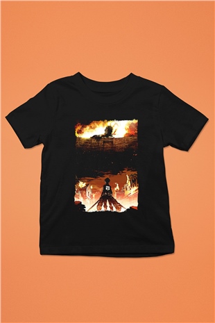 Attack On Titan Baskılı Unisex Siyah Çocuk Tişört - Tshirt