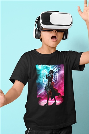 Attack On Titan Baskılı Unisex Siyah Çocuk Tişört - Tshirt