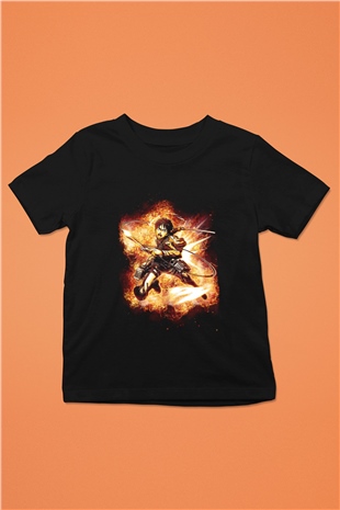 Attack On Titan Baskılı Unisex Siyah Çocuk Tişört - Tshirt