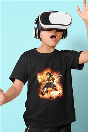Attack On Titan Baskılı Unisex Siyah Çocuk Tişört - Tshirt