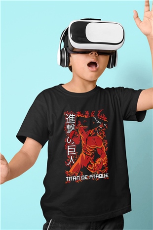 Attack On Titan Baskılı Unisex Siyah Çocuk Tişört - Tshirt