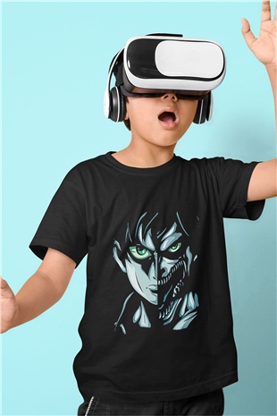 Attack On Titan Baskılı Unisex Siyah Çocuk Tişört - Tshirt