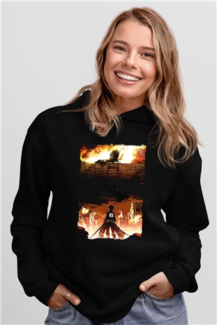 Attack On Titan Baskılı Unisex Siyah Hoodie