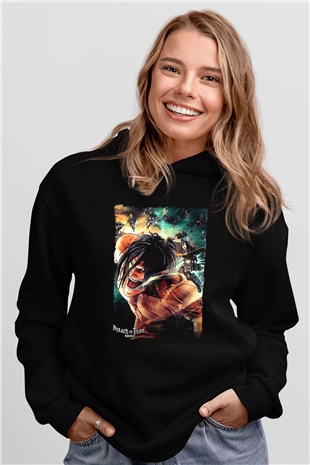 Attack On Titan Baskılı Unisex Siyah Hoodie