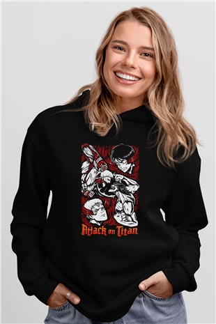 Attack On Titan Baskılı Unisex Siyah Hoodie