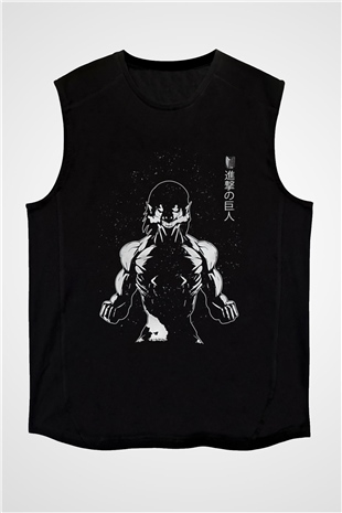 Attack On Titan Baskılı Unisex Siyah Kolsuz Tişört - Tshirt