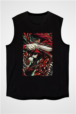 Attack On Titan Baskılı Unisex Siyah Kolsuz Tişört - Tshirt