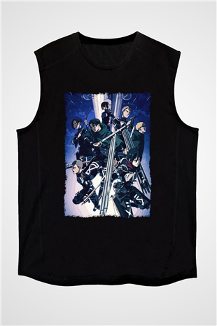 Attack On Titan Baskılı Unisex Siyah Kolsuz Tişört - Tshirt