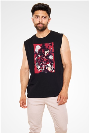 Attack On Titan Baskılı Unisex Siyah Kolsuz Tişört - Tshirt