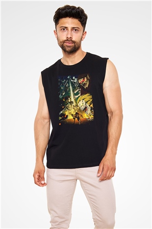 Attack On Titan Baskılı Unisex Siyah Kolsuz Tişört - Tshirt