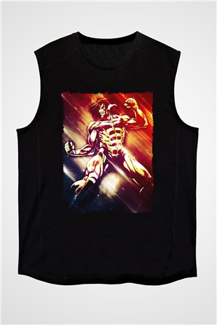 Attack On Titan Baskılı Unisex Siyah Kolsuz Tişört - Tshirt