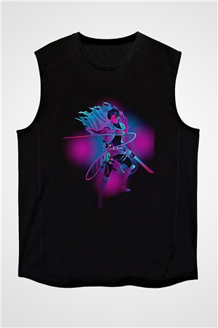 Attack On Titan Baskılı Unisex Siyah Kolsuz Tişört - Tshirt