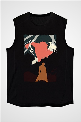 Attack On Titan Baskılı Unisex Siyah Kolsuz Tişört - Tshirt