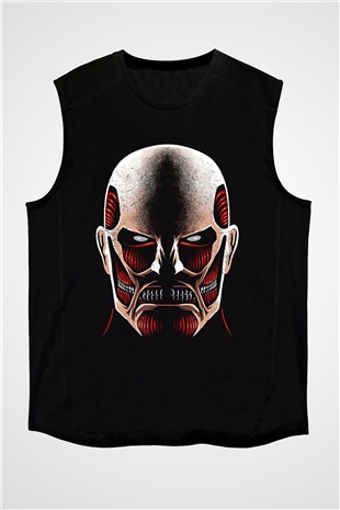Attack On Titan Baskılı Unisex Siyah Kolsuz Tişört - Tshirt