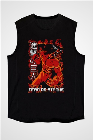 Attack On Titan Baskılı Unisex Siyah Kolsuz Tişört - Tshirt