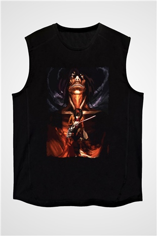 Attack On Titan Baskılı Unisex Siyah Kolsuz Tişört - Tshirt