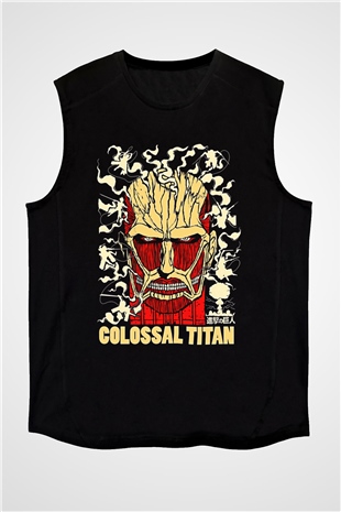 Attack On Titan Baskılı Unisex Siyah Kolsuz Tişört - Tshirt