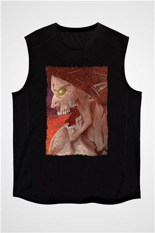Attack On Titan Baskılı Unisex Siyah Kolsuz Tişört - Tshirt