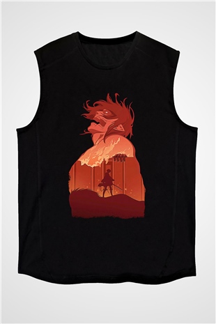 Attack On Titan Baskılı Unisex Siyah Kolsuz Tişört - Tshirt