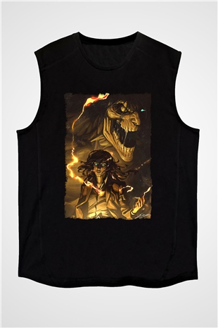 Attack On Titan Baskılı Unisex Siyah Kolsuz Tişört - Tshirt
