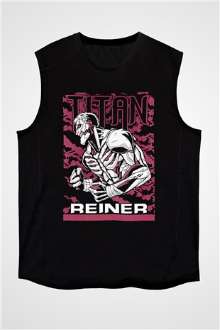 Attack On Titan Baskılı Unisex Siyah Kolsuz Tişört - Tshirt