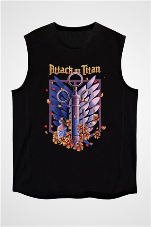 Attack On Titan Baskılı Unisex Siyah Kolsuz Tişört - Tshirt