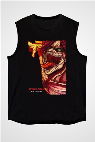 Attack On Titan Baskılı Unisex Siyah Kolsuz Tişört - Tshirt