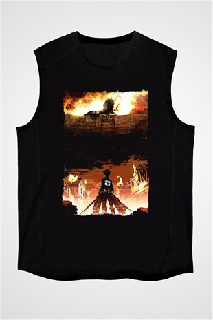 Attack On Titan Baskılı Unisex Siyah Kolsuz Tişört - Tshirt