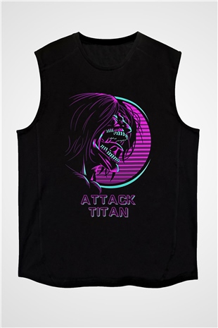 Attack On Titan Baskılı Unisex Siyah Kolsuz Tişört - Tshirt