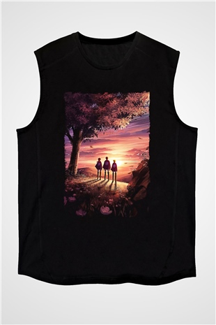 Attack On Titan Baskılı Unisex Siyah Kolsuz Tişört - Tshirt