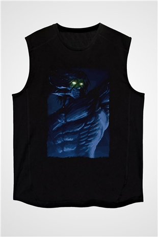 Attack On Titan Baskılı Unisex Siyah Kolsuz Tişört - Tshirt