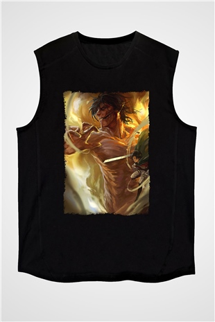 Attack On Titan Baskılı Unisex Siyah Kolsuz Tişört - Tshirt