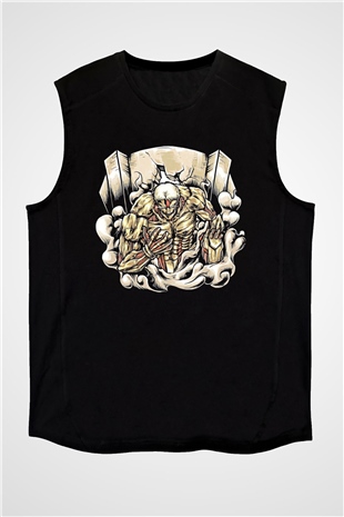 Attack On Titan Baskılı Unisex Siyah Kolsuz Tişört - Tshirt