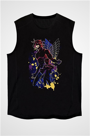 Attack On Titan Baskılı Unisex Siyah Kolsuz Tişört - Tshirt